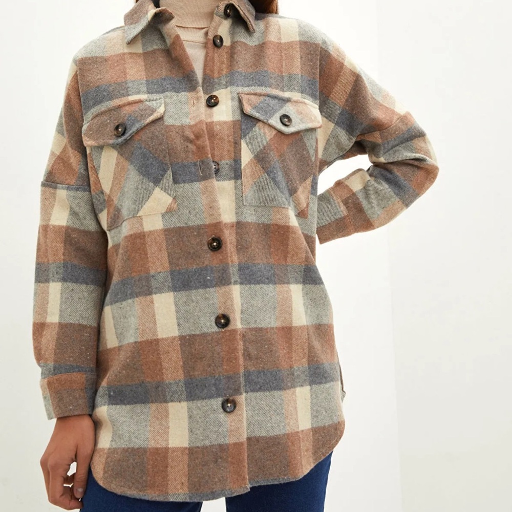 Evereve Plaid Utility Jacket - Brown and Gray